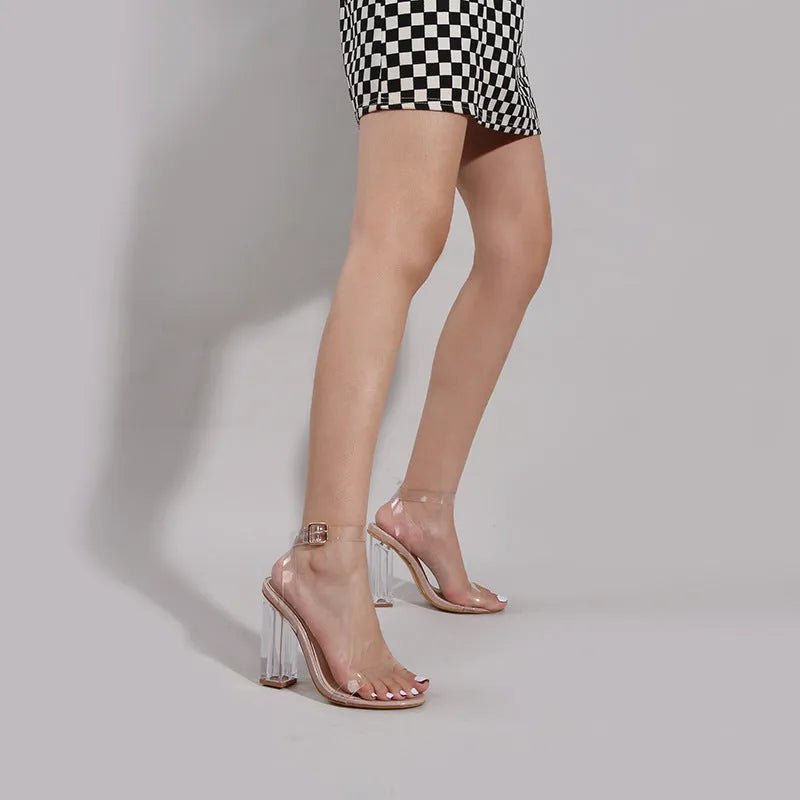 Women's Apricot PVC sandals with transparent glass stiletto heels and round toe design