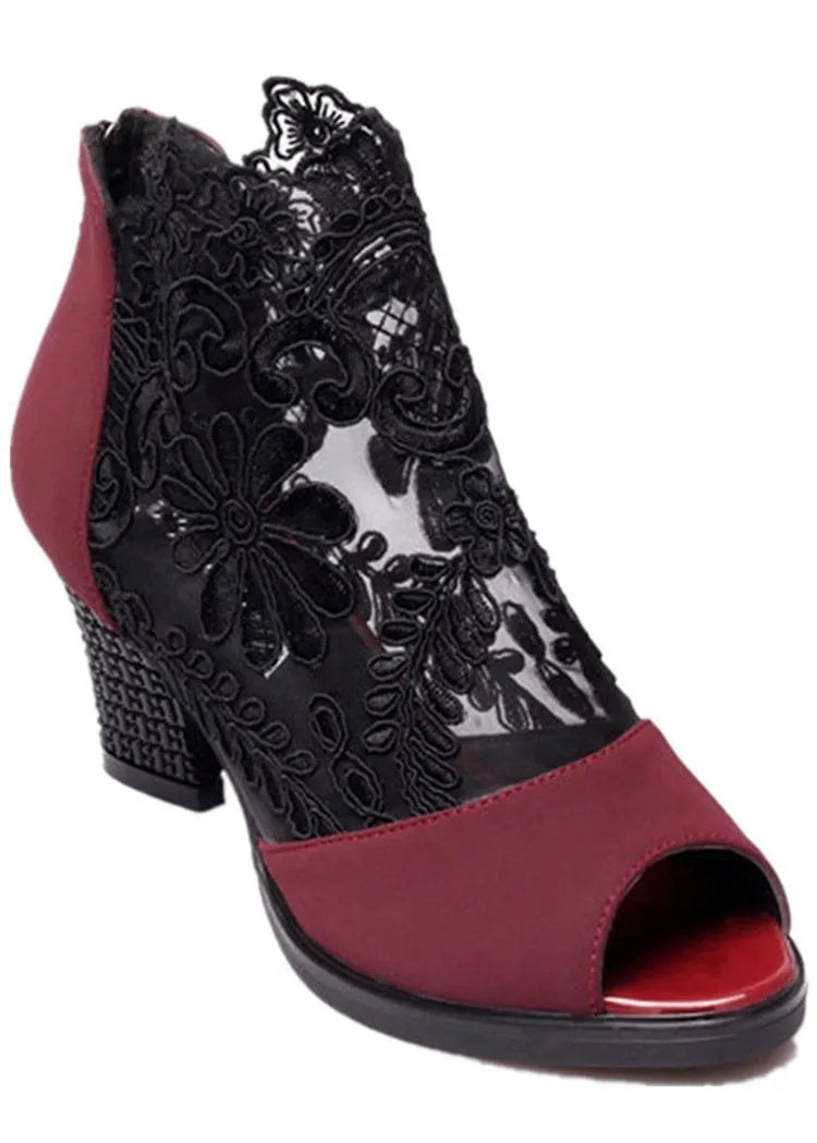 Lucyever women's black lace gladiator sandals with square high heel and zip closure on the ankle strap.