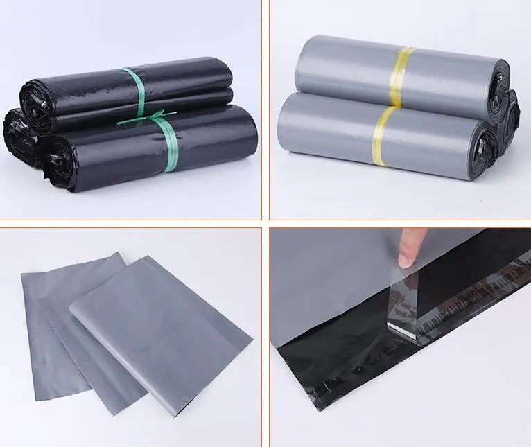 A bundle of 100 flat, clear PE plastic courier bags for clothing with adhesive sticker seals.