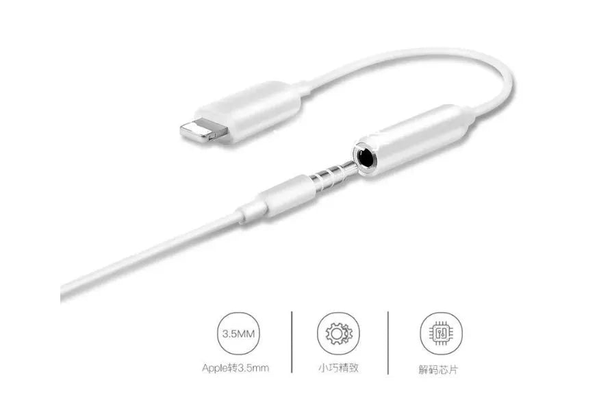 White Lightning to 3.5mm audio adapter for iPhone 7 and compatible models.