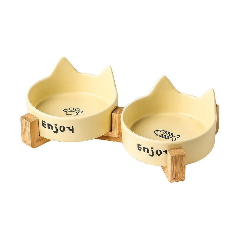 Porcelain cat bowl set with wooden frame in cat paw design