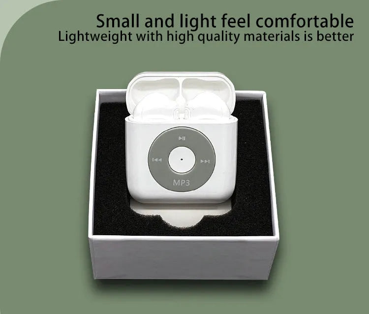 White wireless Bluetooth semi-in-ear earphones with a charging case on a white background.