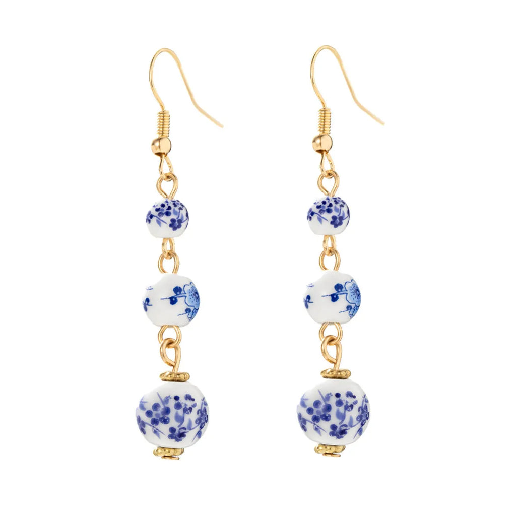 Blue and white porcelain ceramic bead earrings with geometric alloy elements in Chinese style design