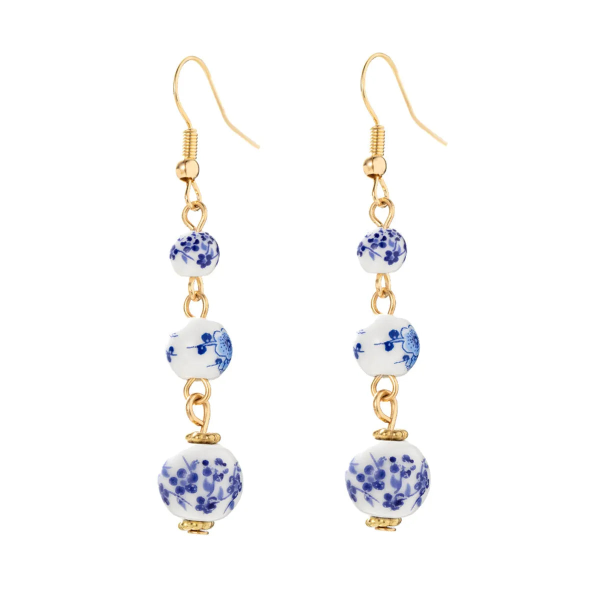 Blue and white porcelain ceramic bead earrings with geometric alloy elements in Chinese style design