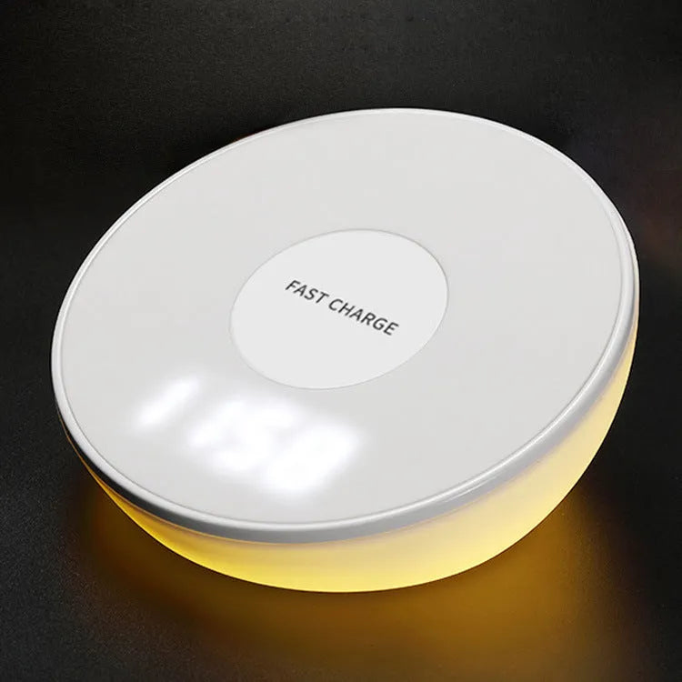 White wireless charger with digital clock display, alarm function and night light for QI smartphones