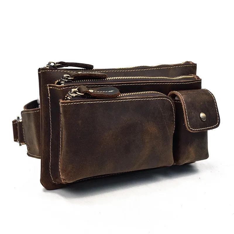 Men's first layer cowhide leather waist bag crossbody bag 24cm in dark brown with multiple zippered compartments