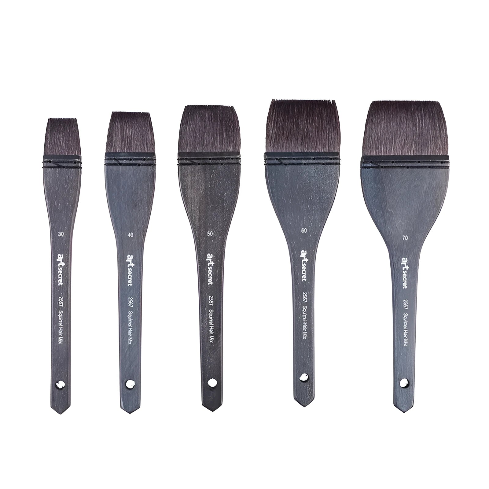Set of five grey squirrel hair artist paintbrushes with natural wood handles, showing different sizes.