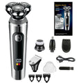 USB rechargeable beard trimmer with digital LED display and five-in-one comb base bracket.