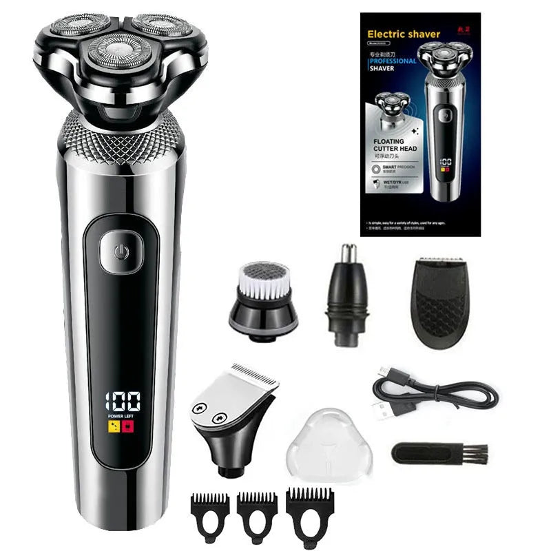 USB rechargeable beard trimmer with digital LED display and five-in-one comb base bracket.