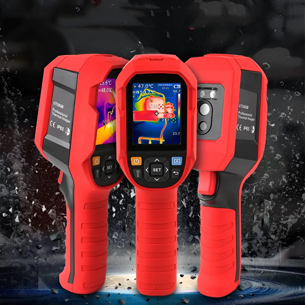 UTi series handheld infrared thermal imager with LCD screen showing a thermal image of an electrical panel.