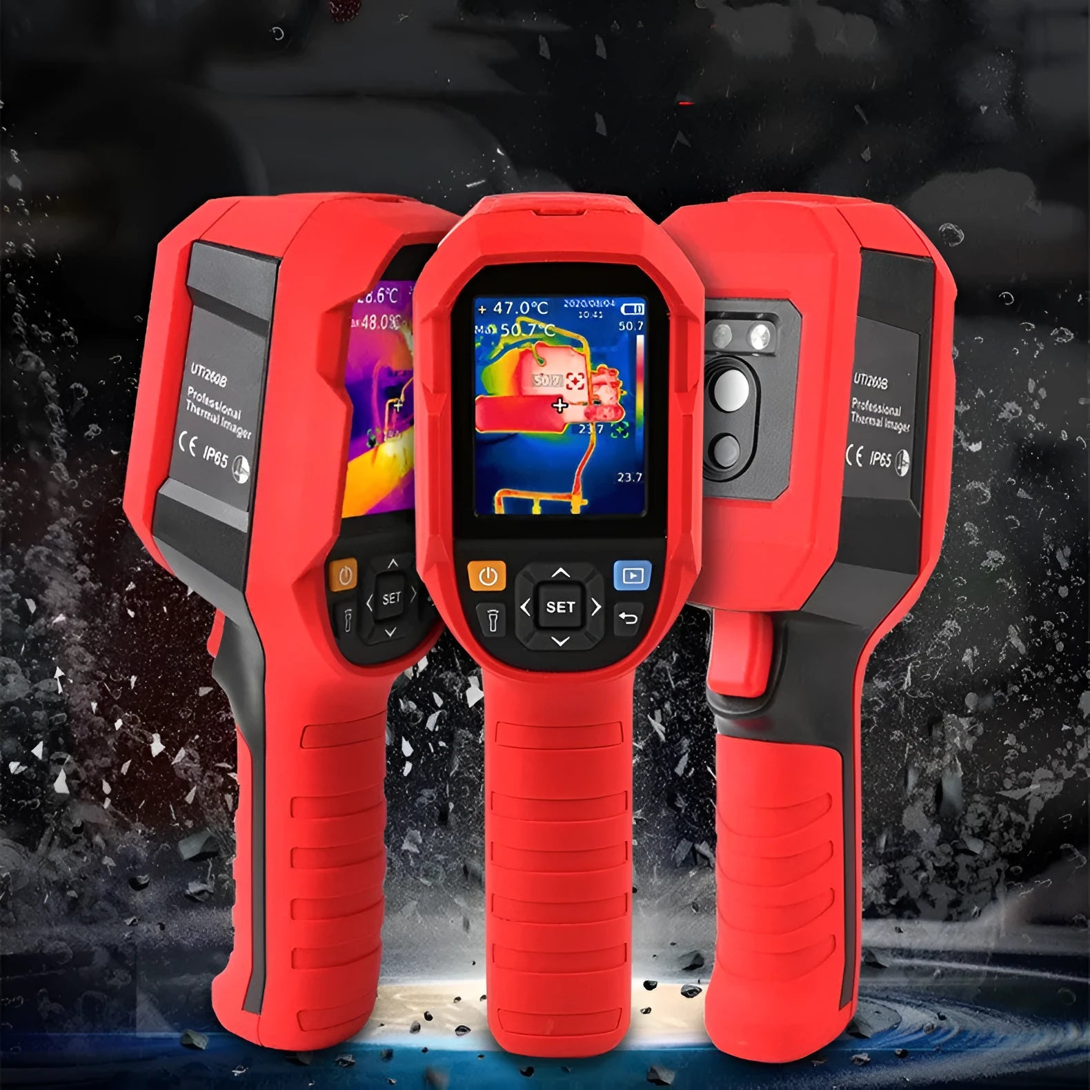 UTi series handheld infrared thermal imager with LCD screen showing a thermal image of an electrical panel.