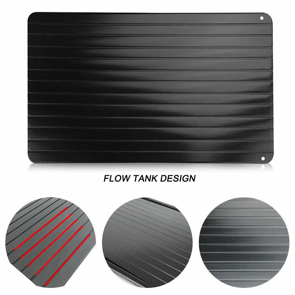 Black aluminium fast defrosting tray for kitchen use measuring approximately 23cm by 16.5cm