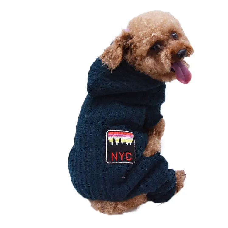 Four-legged thick pet clothes in green with sweater and velvet lining for dogs casual fit