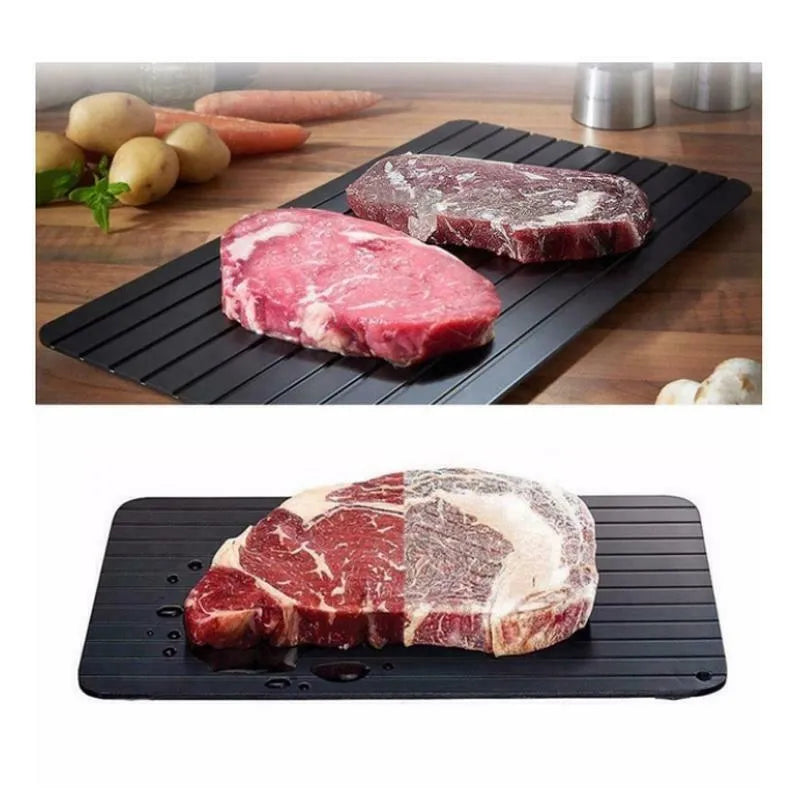 Black aluminium fast defrosting tray for kitchen use measuring approximately 23cm by 16.5cm