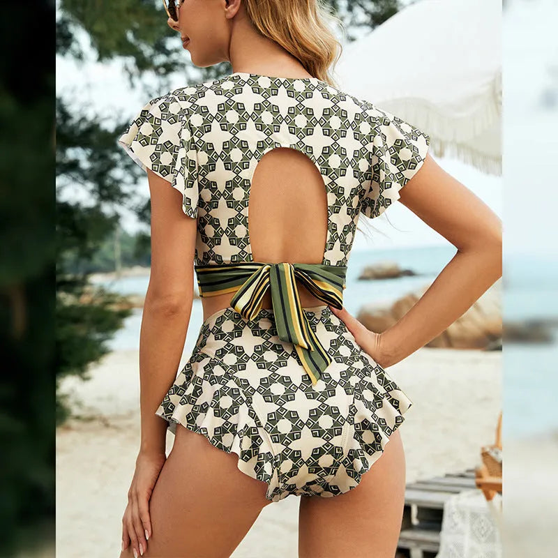 Green flounced backless bikini with lace-up detail and V-neck front for swimming