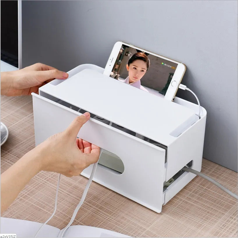 Plastic wireless router storage box in grey or white colour for cable organisation