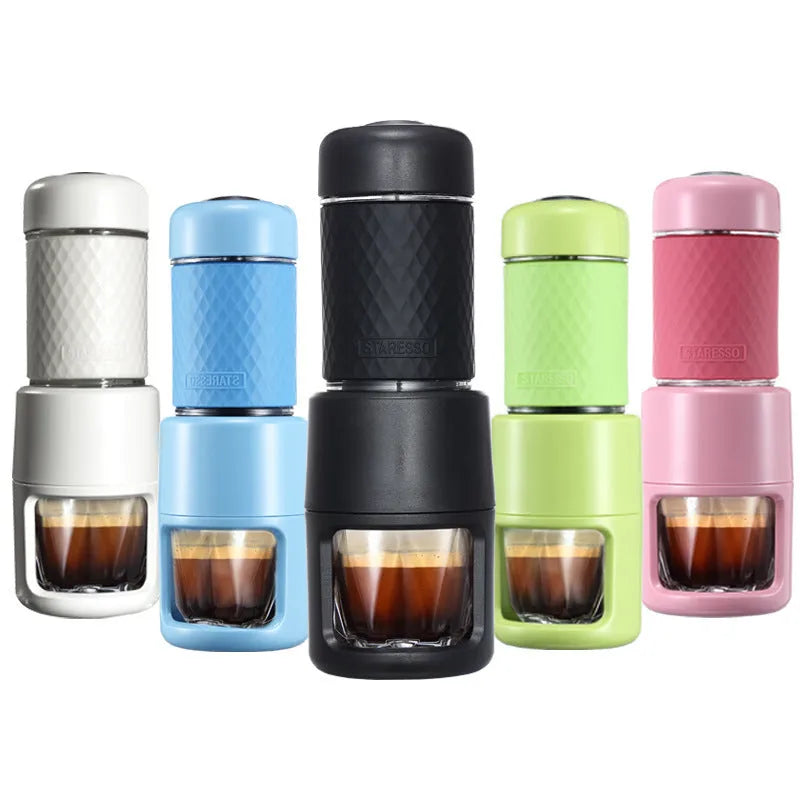 Portable manual espresso coffee machine in stainless steel with 7x7x20.3cm compact size