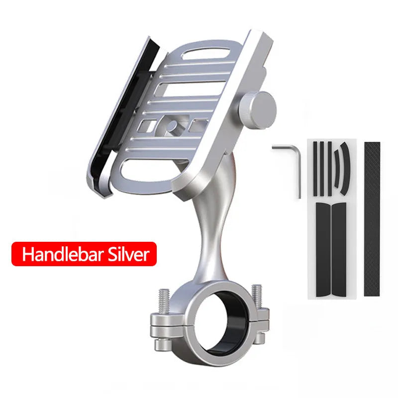 Aluminum alloy motorcycle bike phone holder with double adjustment joints attached to handlebar, blue finish
