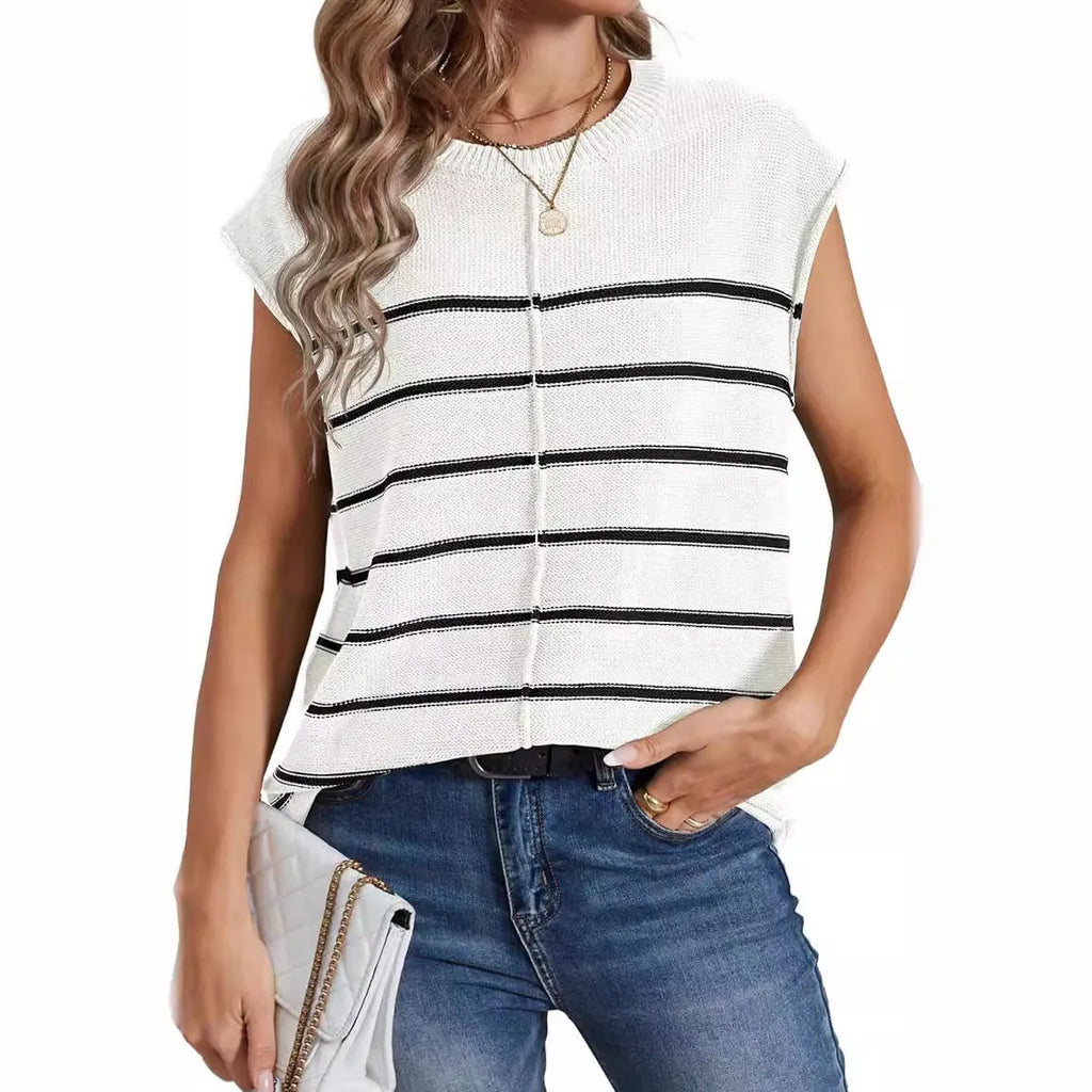 Women's striped sleeveless pullover vest with bone stitching in multiple colour options