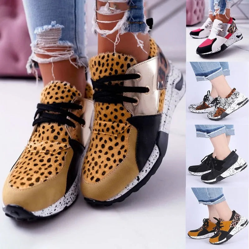 Women's casual sneakers with wedge heel in leopard print, suede upper, and plastic sole