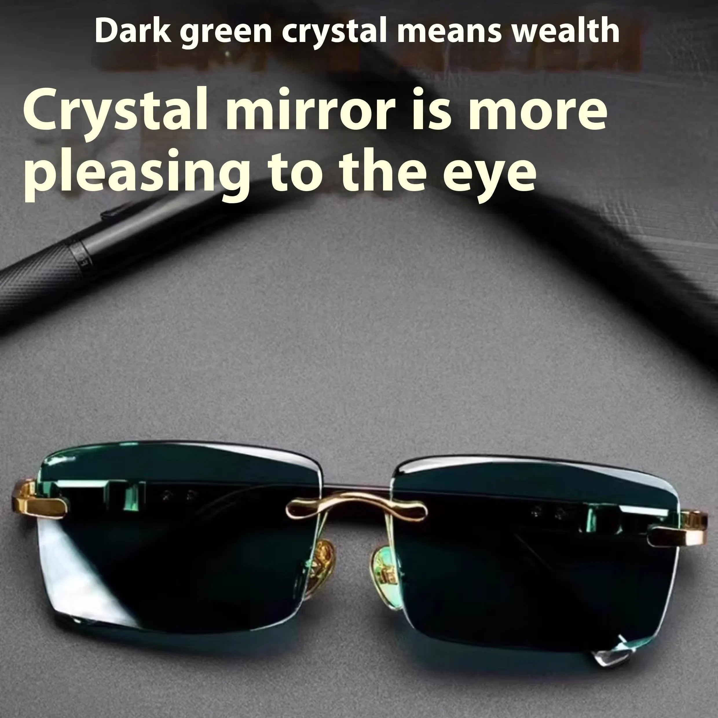 Dark green crystal frameless sunglasses with glasses case and lens cloth
