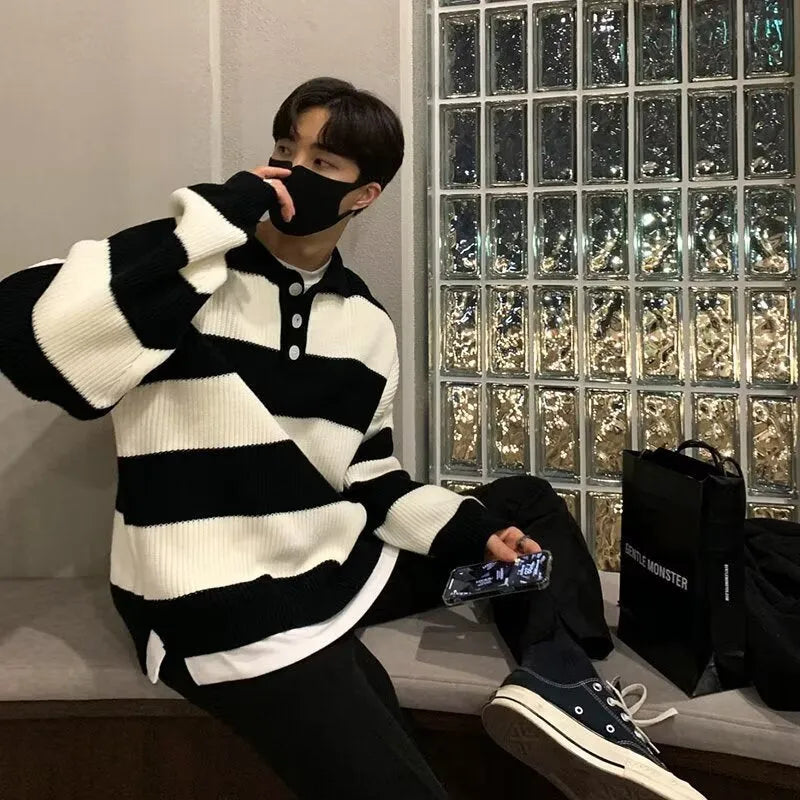 Men's loose striped pullover sweater coat in black or grey with long sleeves