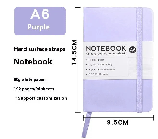 A5 soft touch PU leather notebook open on lined pages, shown in multiple colour options.