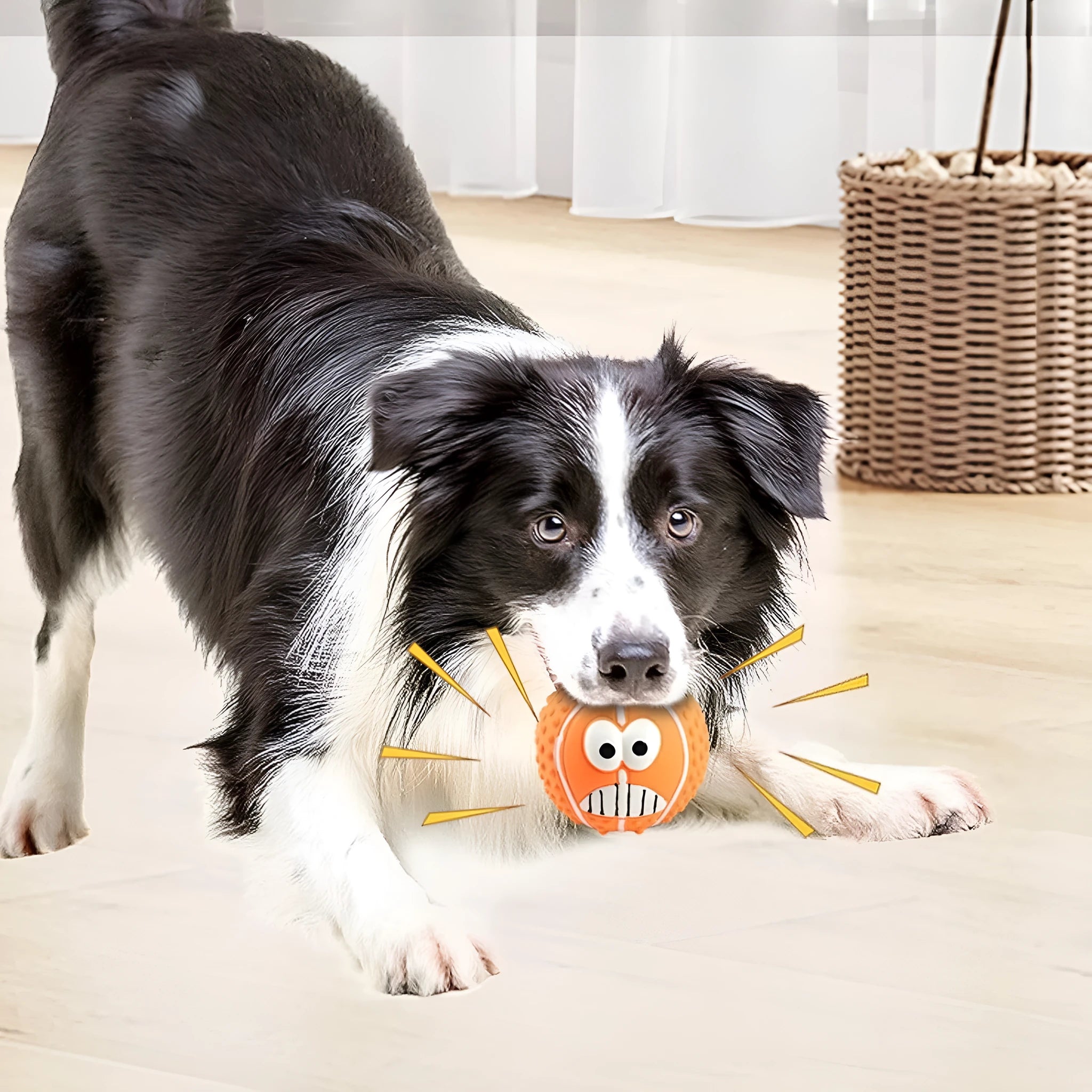 Green latex dog ball with smile face design, suitable for small and medium pets