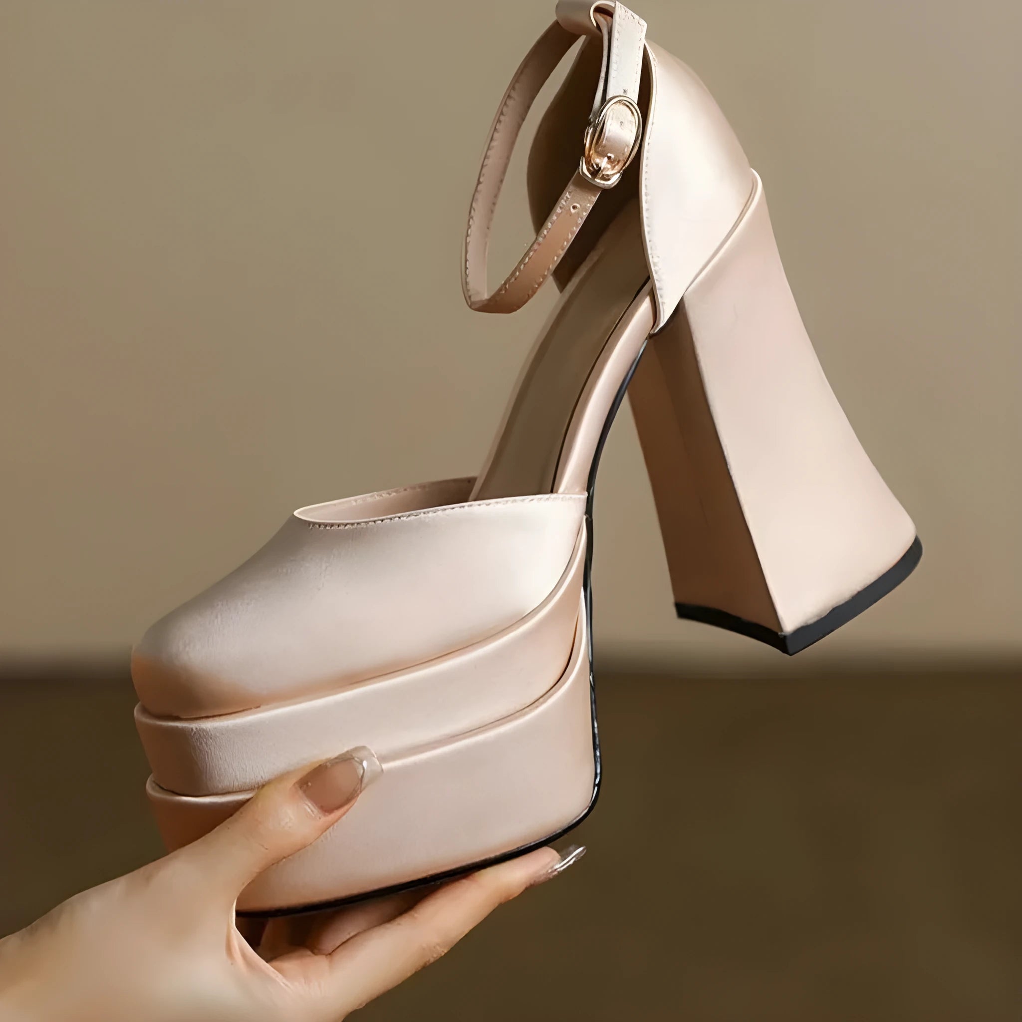 Women's white platform high heels with a chunky heel and round toe.