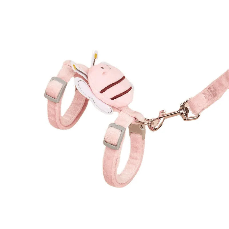 Pink adjustable cat rope lead with teddy and bee charms on a polyester strap.