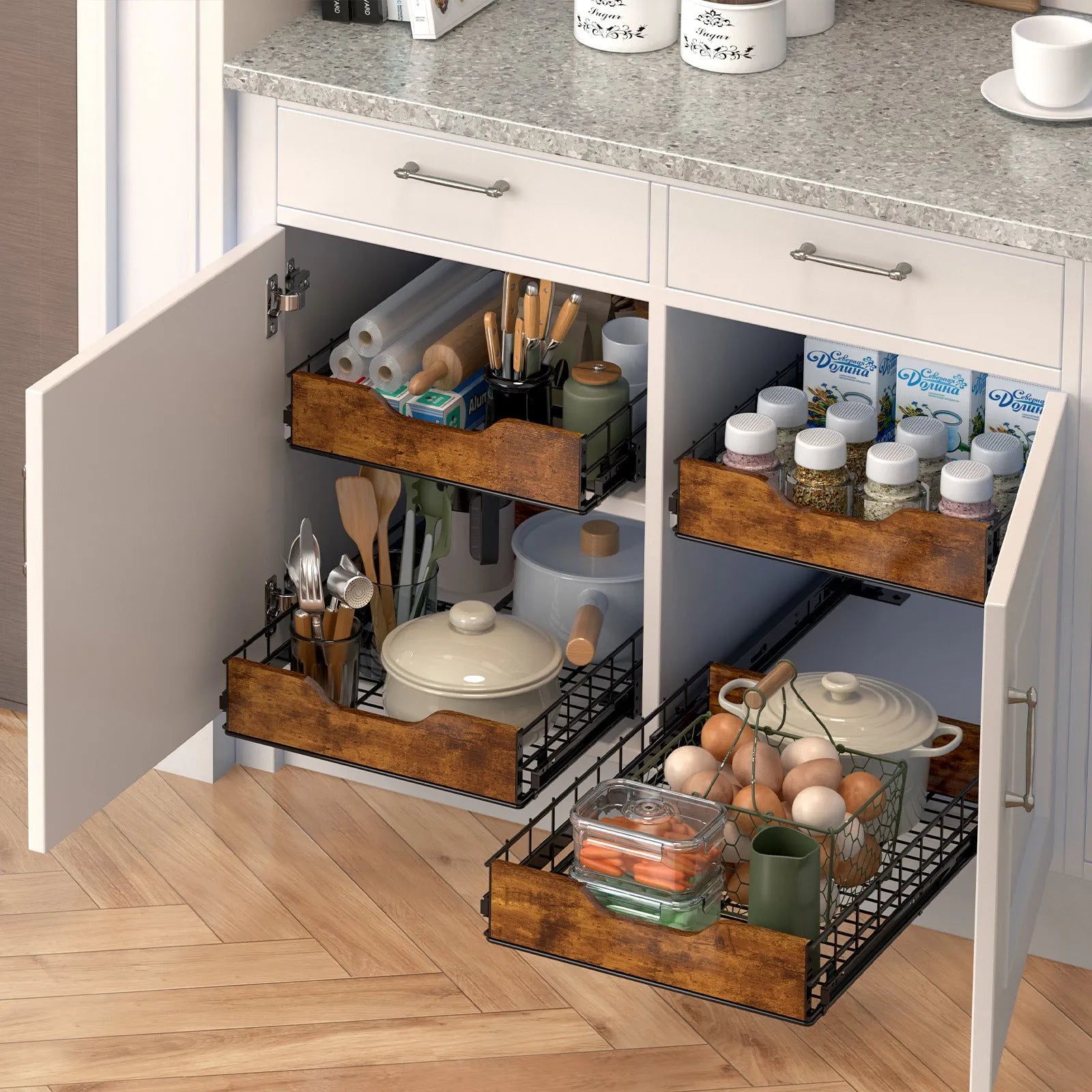 Black wood and iron pull basket storage rack drawer for kitchen organisation