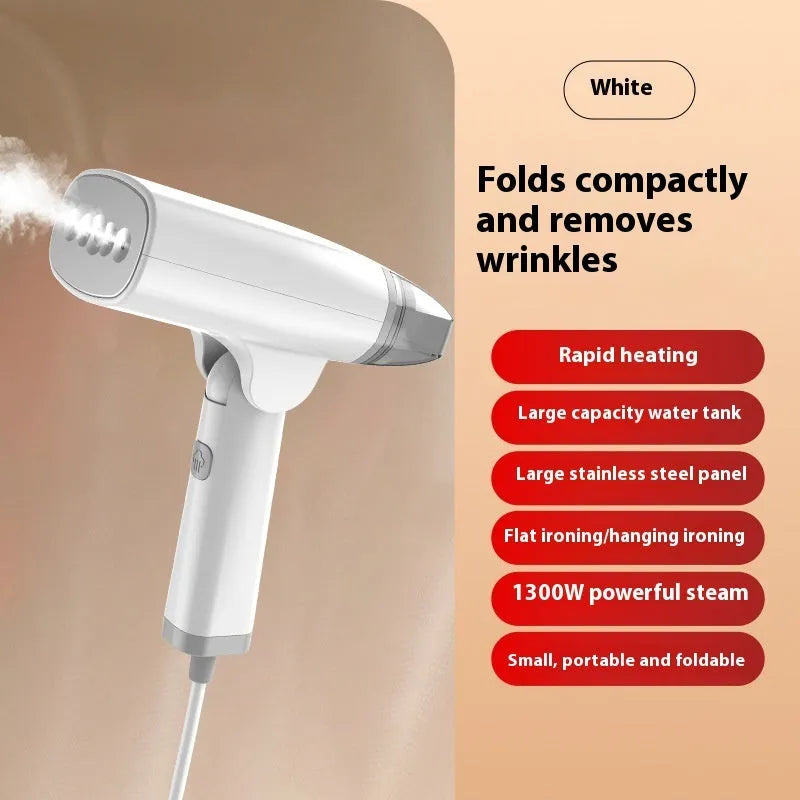Blue and white handheld garment steamer with 1300W power rating and 85ml water tank