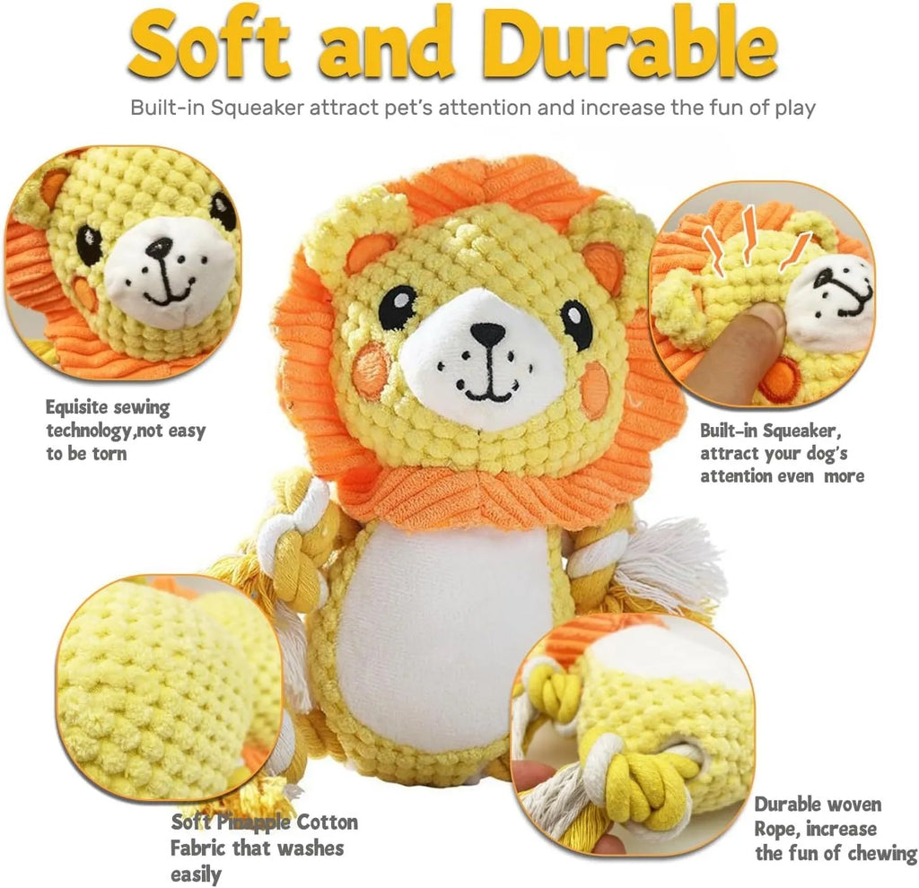 Two stuffed plush dog toys, a lion and a monkey, both featuring squeakers for interactive play.