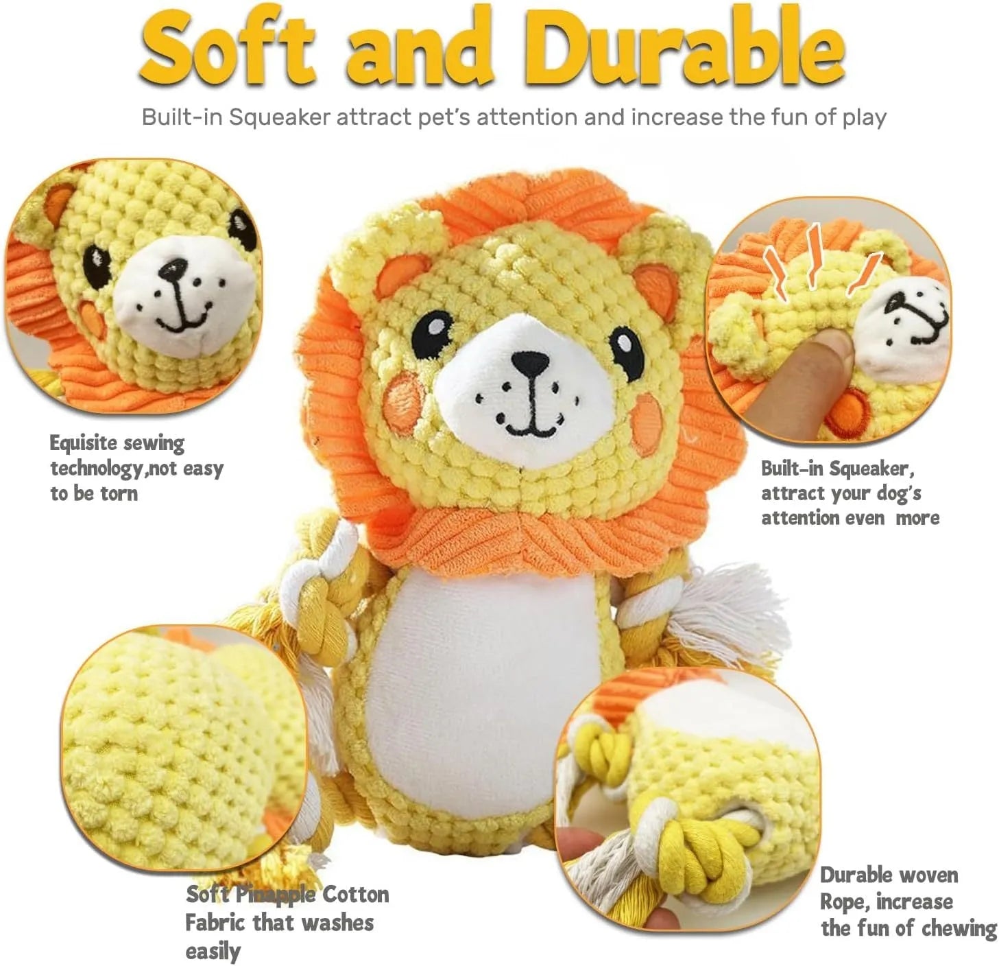Two stuffed plush dog toys, a lion and a monkey, both featuring squeakers for interactive play.