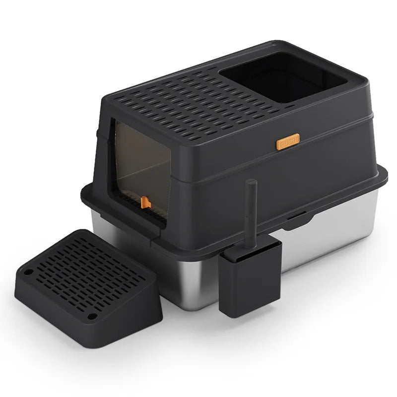 Grey large enclosed cat litter box with pedal lid made from ABS plastic and stainless steel.