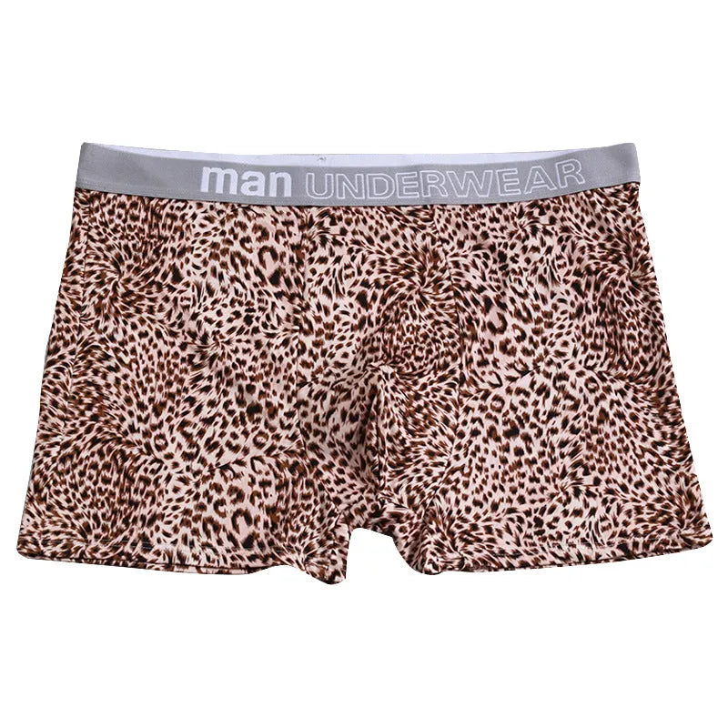 Men's leopard print loose underwear in polyester milk silk fabric showing mid-waist cut