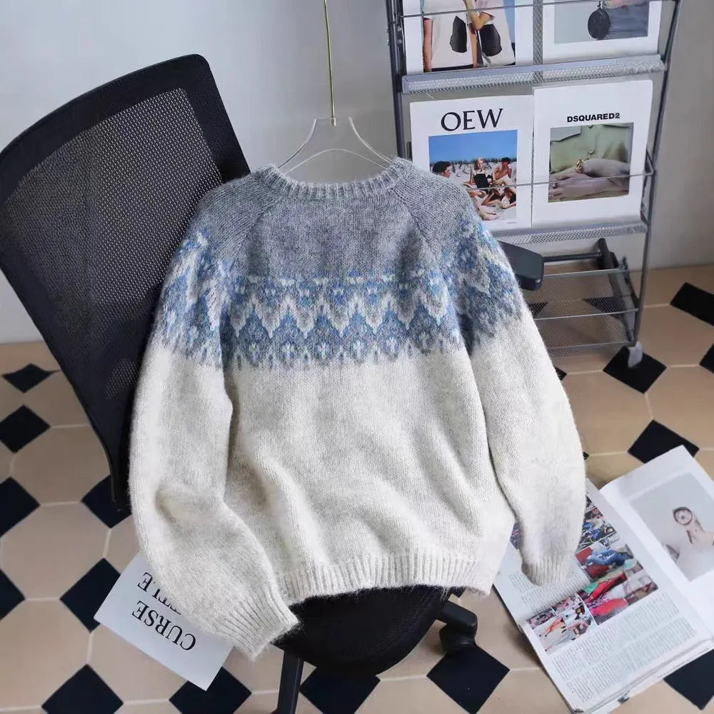 Women's loose fit jacquard sweater coat in milky white, brown or navy blue with long sleeves