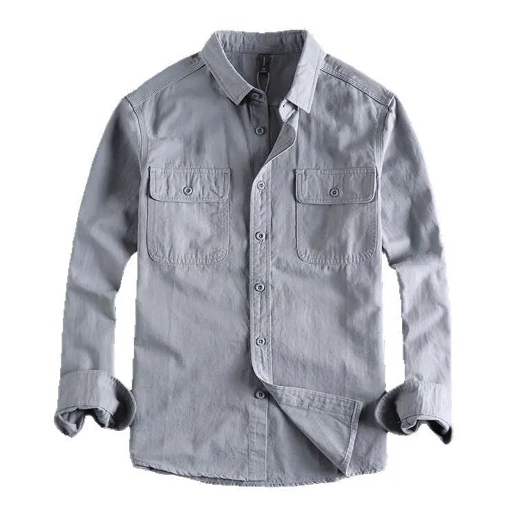 Men's loose fit long sleeve polyester shirt cardigan in light grey, black, khaki or green colours