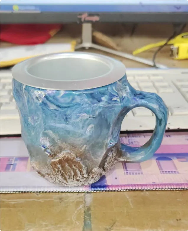 Purple resin mineral crystal coffee mug with handle showing 3D texture and 10cm height