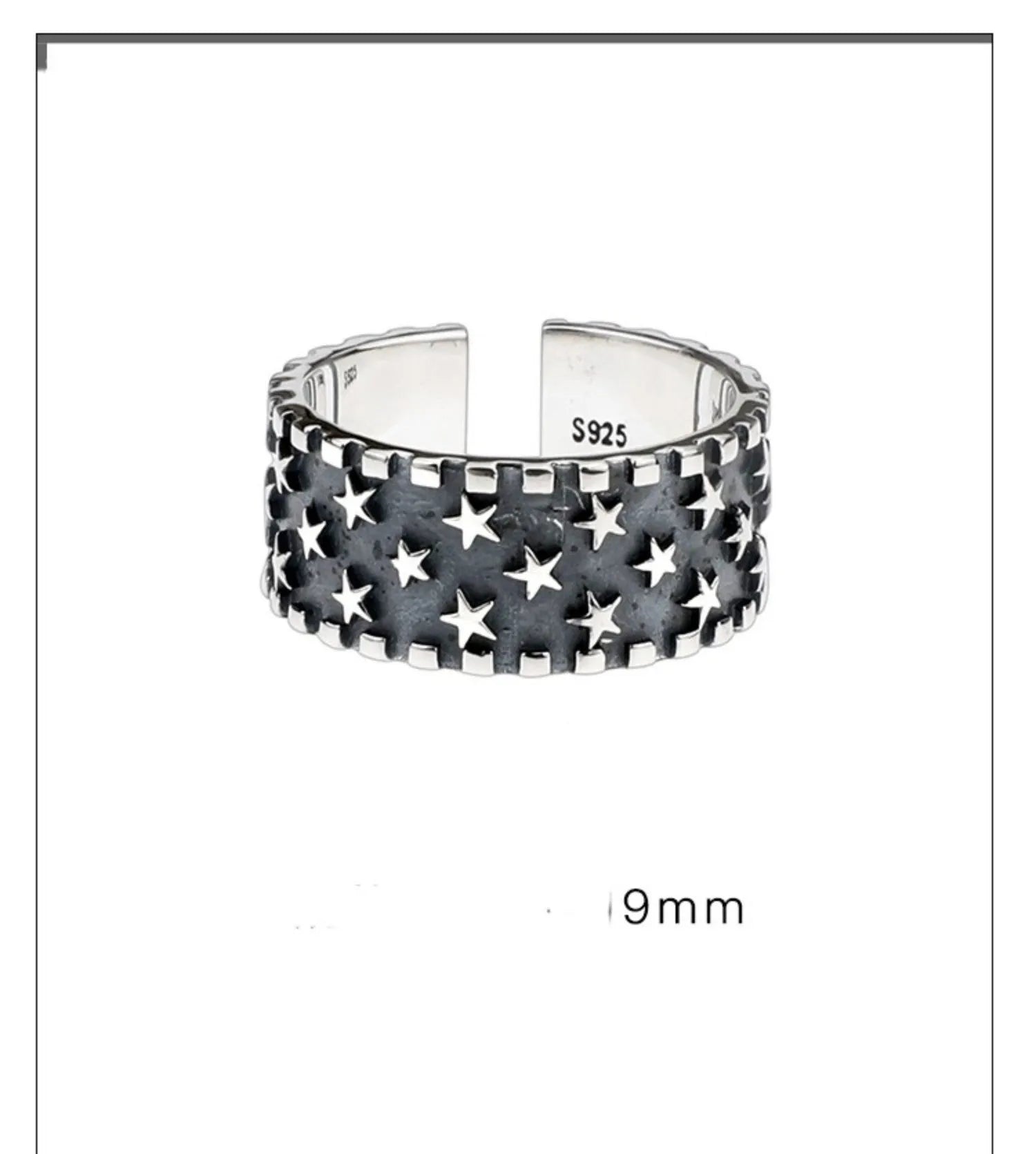 Sterling silver adjustable ring with a geometric pattern of multiple five-pointed stars.