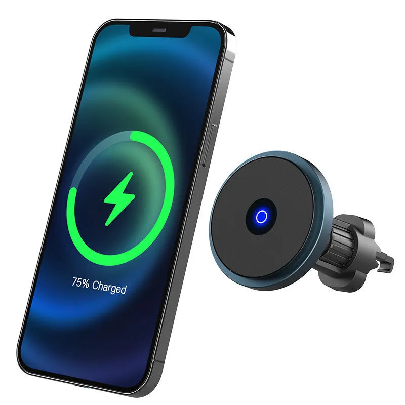 Silver metal 15W magnetic fast car wireless charger mounted on a car air vent.