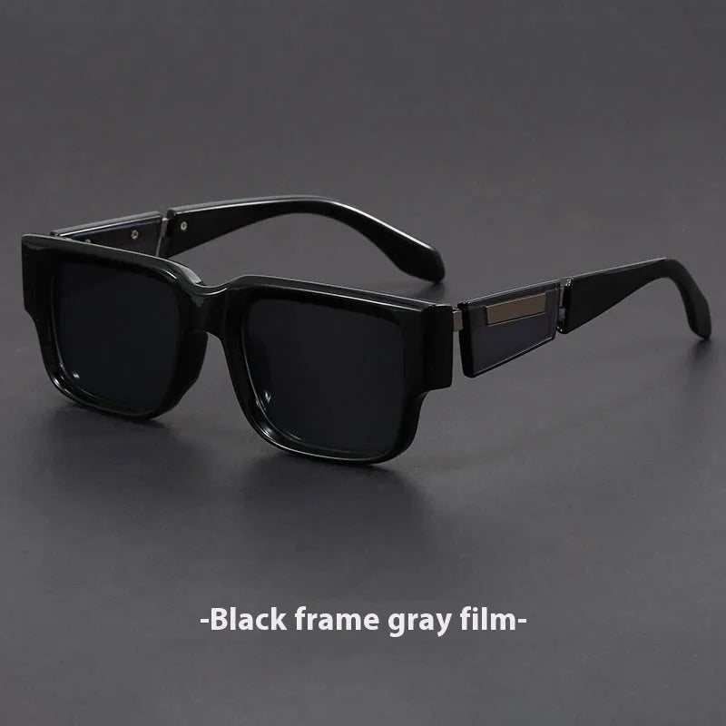 Square thick frame sunglasses with blue gray lenses and retro styling