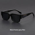Square thick frame sunglasses with blue gray lenses and retro styling