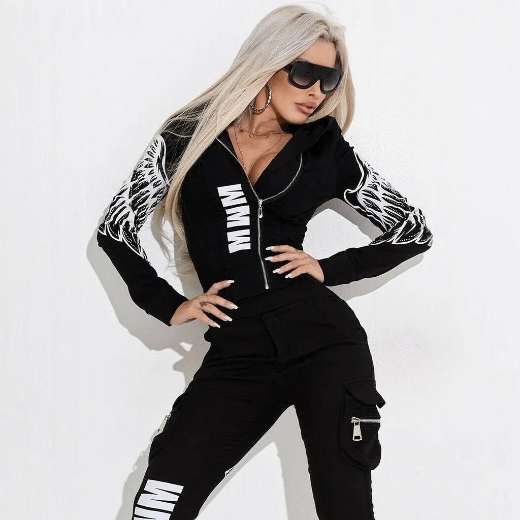 Black women's hooded casual suit with print, featuring a zipper top and matching trousers.