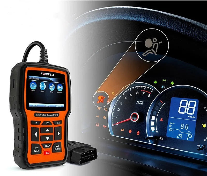 Orange and black Foxwell NT510 automotive diagnostic scanner with OBD2 connector and colour screen
