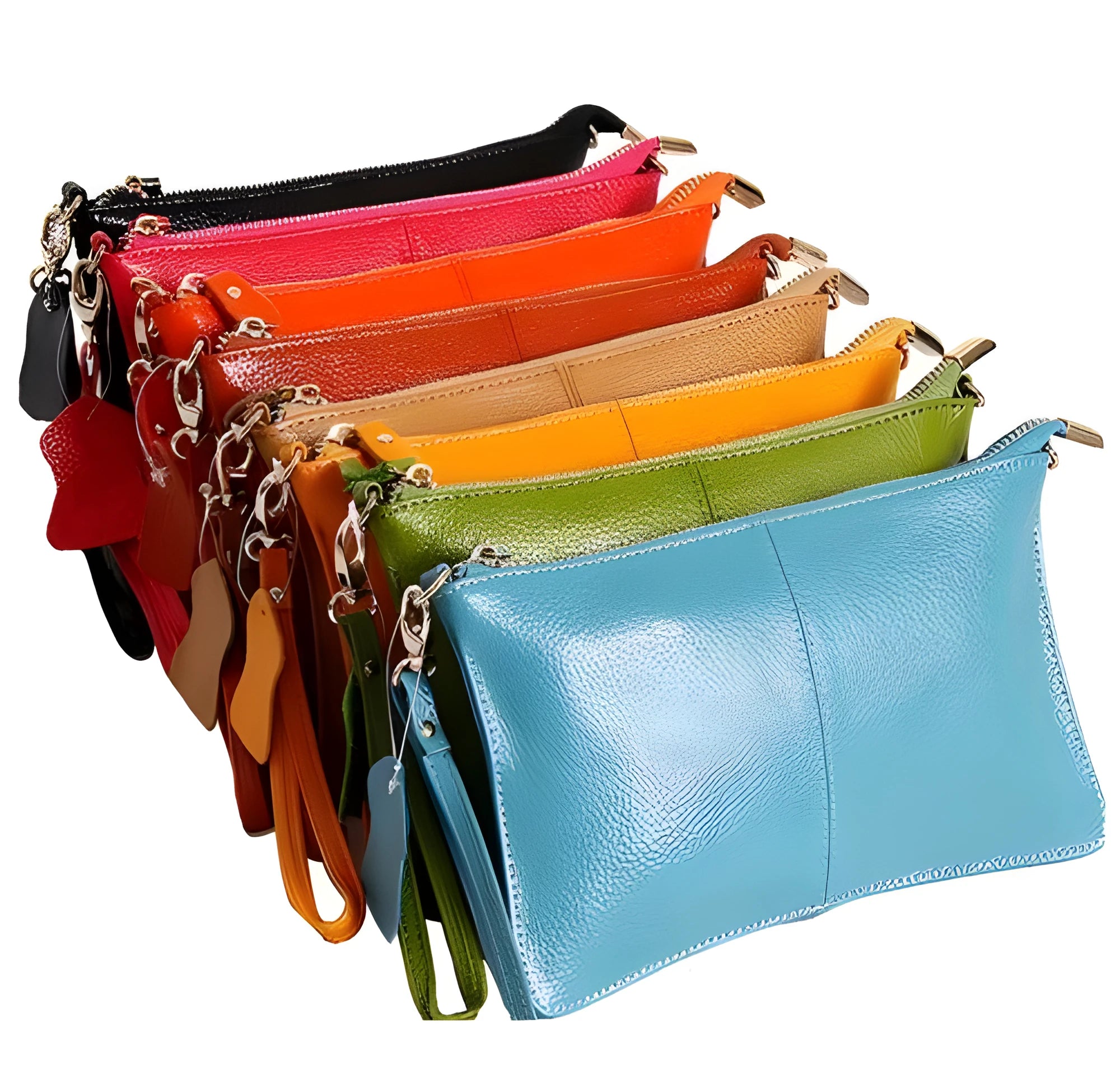 Cowhide ladies slant bag showing internal phone and certificate compartments with hand strap and shoulder strap