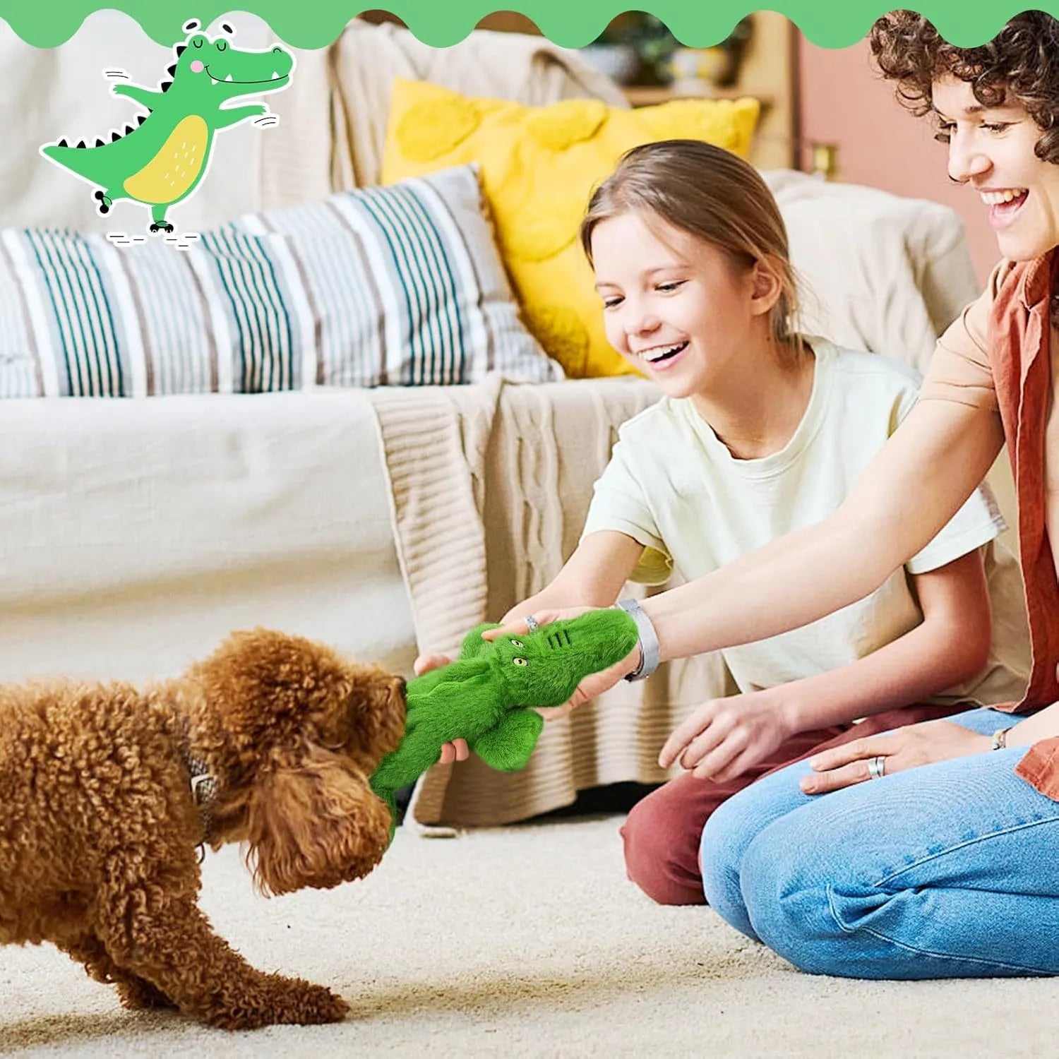 Green crocodile plush dog toy with no stuffing, showing squeaker in head and crinkle paper tail