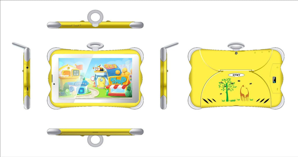 7-inch children's learning tablet in cartoon colours showing screen, stand, and 3G call function