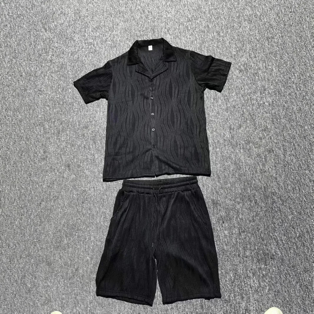 Men's casual summer suit with wave pattern design showing short-sleeved top and matching shorts