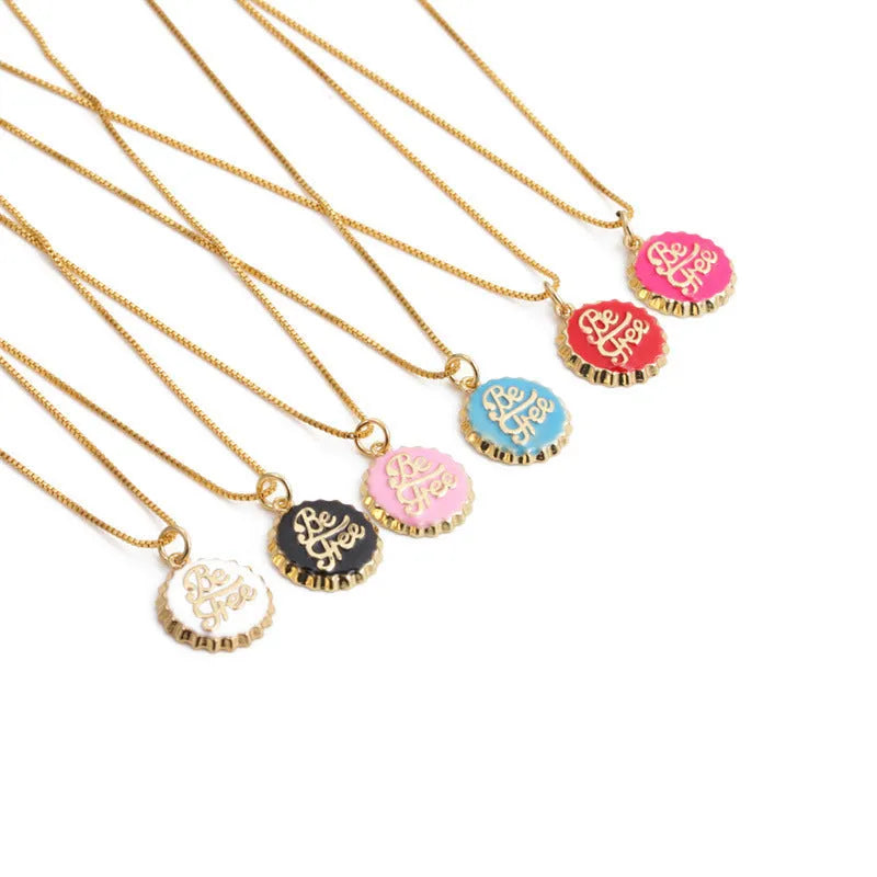 Copper bottle cap pendant necklace with 18K gold electroplating on 40cm box chain